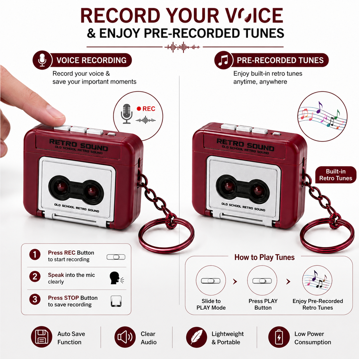 Retro BoomBox Keychain – Record & Play Tunes, Mini Retro Recorder Keychain.