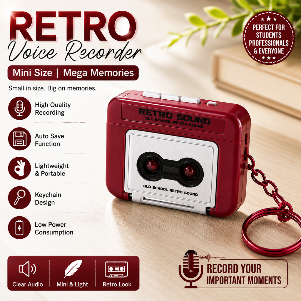 Retro BoomBox Keychain – Record & Play Tunes, Mini Retro Recorder Keychain.