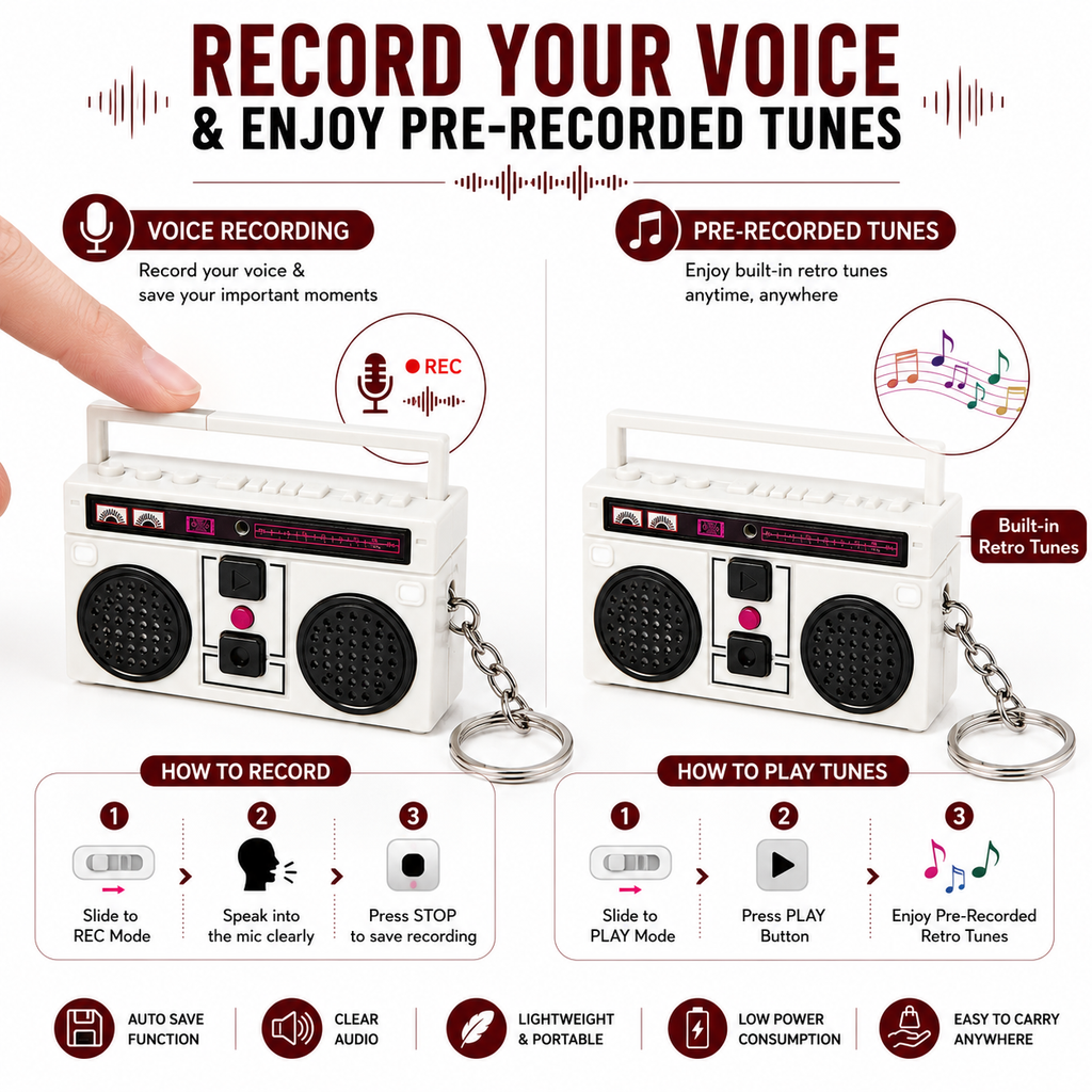 Retro BoomBox Voice Recorder Keychain - White Limited Stock Design.