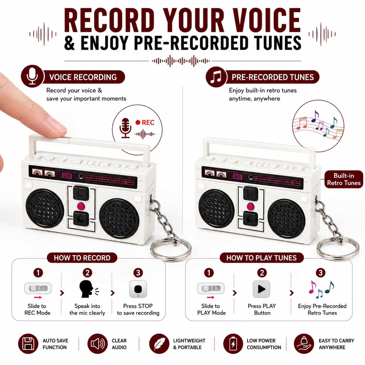 Retro BoomBox Voice Recorder Keychain - White Limited Stock Design.