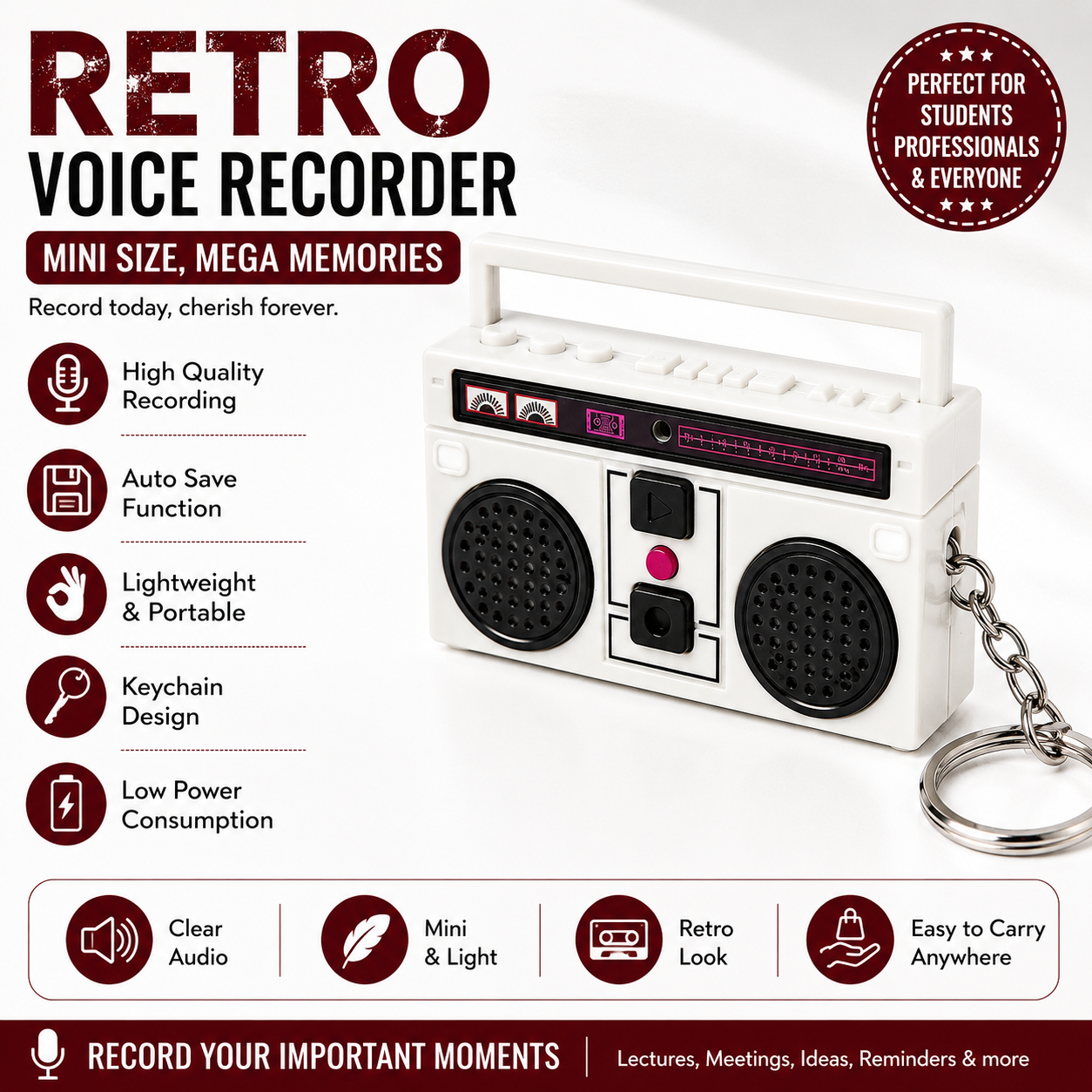 Retro BoomBox Voice Recorder Keychain - White Limited Stock Design.