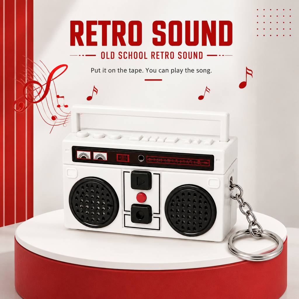 Retro BoomBox Voice Recorder Keychain - White Limited Stock Design.