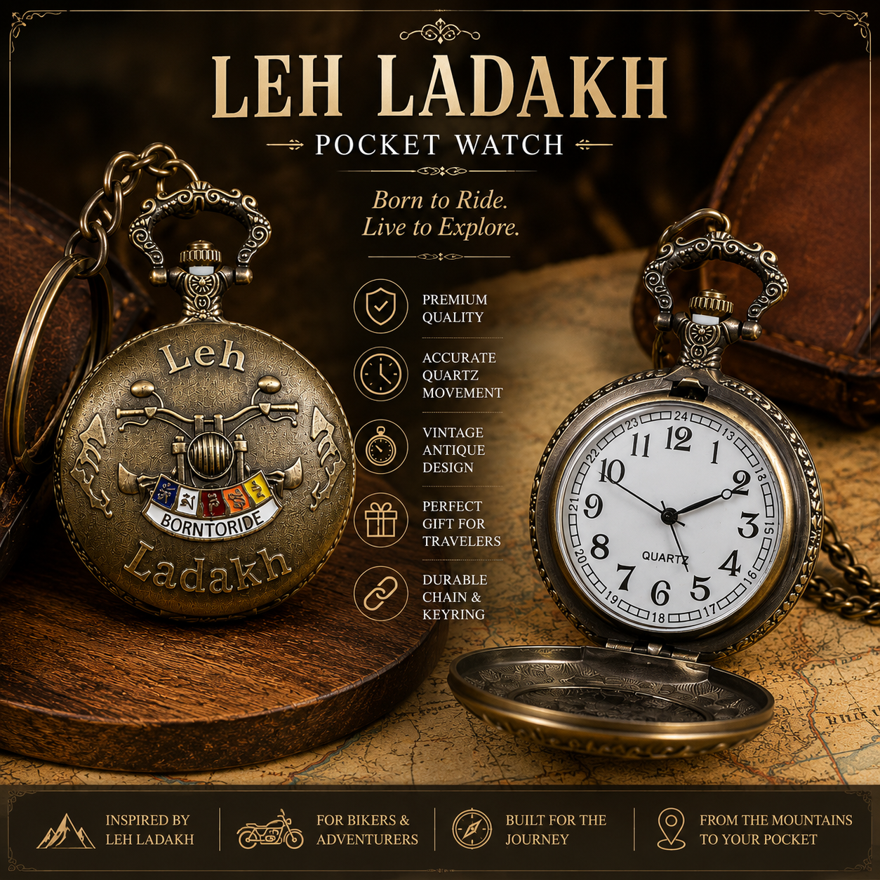 Leh Ladakh Working Quartz Vintage Pocket Watch – Antique Biker Chain Watch