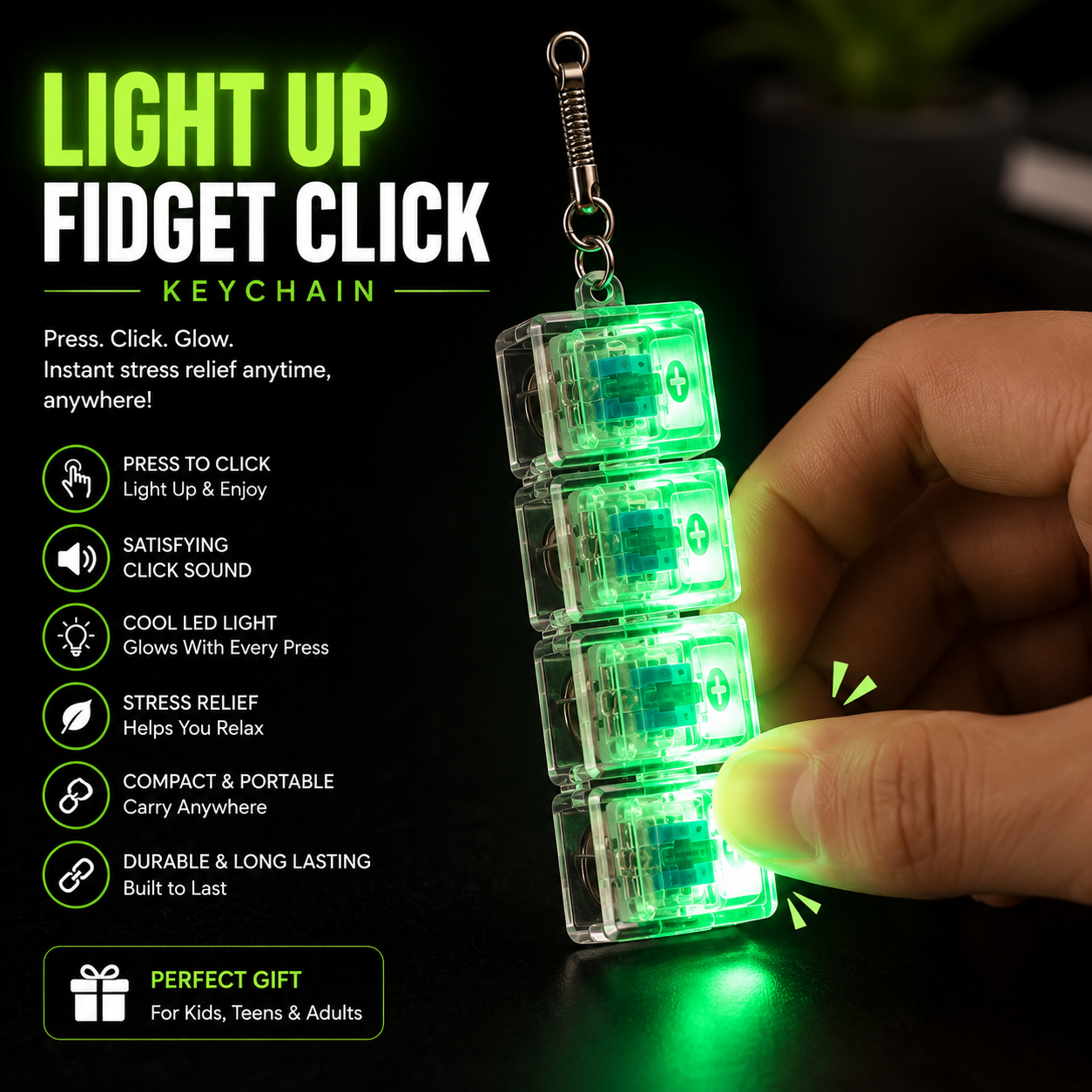 LED Clicky Fidget Keychain | Light Up Mechanical Switch Toy